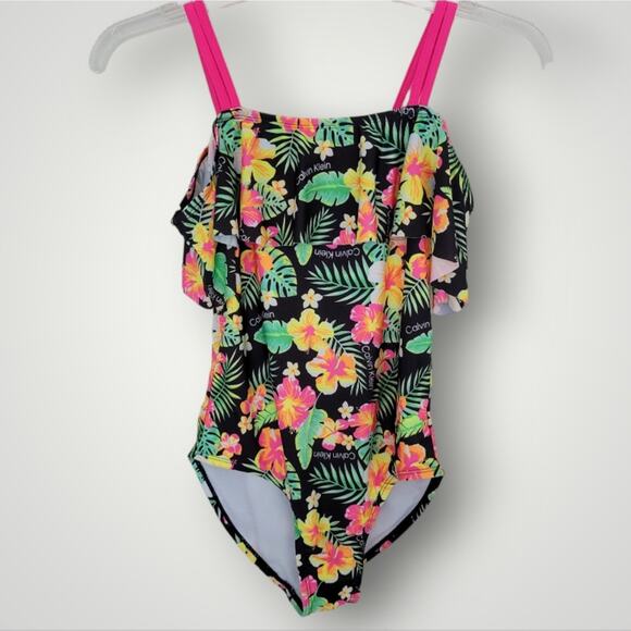 Calvin Klein Other - Calvin Klein Girls Swimsuit Large L One Piece Floral Black Pink Green Resort